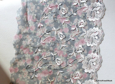 Grey And Pink Soft Net Lace Trim with White Embroidered Flowers 7 inches wide